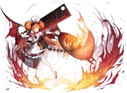 Rule 34 | 1girl, black footwear, black horns, blush, chef hat, cleaver, cooking, double bun, dragon girl, dragon horns, dragon tail, dragon wings, fire, flame print, food, frills, frying pan, gem, gloves, hair bun, hat, highres, holding, holding frying pan, holding weapon, horns, huge weapon, kyundoo, long hair, low wings, orange hair, original, over shoulder, pepper shaker, red neckwear, red wings, rice, salt shaker, scratches, smile, solo, spikes, tail, talisman, tongue, tongue out, torn, torn wings, twintails, veins, very long hair, weapon, weapon over shoulder, white background, white gloves, white hat, white legwear, wings, wok, yellow eyes
