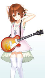 Rule 34 | 00s, 1girl, adjusting hair, armpits, arms up, bracelet, brown hair, electric guitar, gibson les paul, guitar, hair ornament, hairclip, highres, hirasawa yui, instrument, jewelry, k-on!, ken-1, short hair, skirt, smile, solo, thighhighs, white thighhighs, yellow eyes, zettai ryouiki