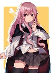 Rule 34 | !, !!, 1girl, :o, absurdres, black cape, black skirt, black thighhighs, blush, cape, collared shirt, commentary request, dress shirt, hair between eyes, highres, holding, long hair, long sleeves, looking at viewer, louise francoise le blanc de la valliere, navel, norazura, orange background, outline, parted lips, pink hair, pleated skirt, red cape, red eyes, shirt, skirt, solo, thighhighs, two-tone background, v-shaped eyebrows, very long hair, white background, white outline, white shirt, zero no tsukaima