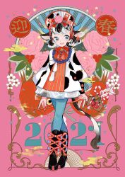 Rule 34 | 1girl, 2021, animal ears, animal print, aqua pantyhose, black footwear, black hair, blue horns, boots, chinese zodiac, cow ears, cow girl, cow horns, cow print, cow tail, flower, full body, horns, l hakase, leaf, long sleeves, looking at viewer, multicolored hair, open mouth, original, pantyhose, pink flower, smile, solo, standing, tail, two-tone hair, white hair, year of the ox