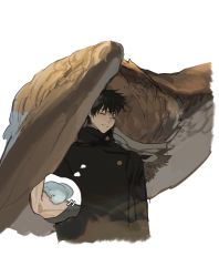 Rule 34 | 1boy, animal, bird, black hair, black jacket, buttons, creature, creature on shoulder, closed eyes, feathered wings, feathers, fushiguro megumi, gakuran, head on another&#039;s shoulder, head on head, high collar, highres, jacket, jujutsu kaisen, male focus, mask, motion lines, on shoulder, orange feathers, oversized animal, owl, parted lips, phsm, school uniform, short hair, simple background, sleeping, sleeping upright, standing, teeth, thought bubble, upper body, white background, wings