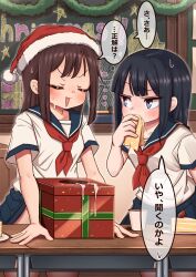 Rule 34 | 2girls, black hair, blue skirt, box, brown hair, cake, cake slice, closed eyes, clothes lift, cum on object, desk, dick in a box, food, gift, gift box, glory hole, grey eyes, hat, highres, implied futanari, indoors, lemon snail, long hair, looking at another, multiple girls, neckerchief, open mouth, original, red neckerchief, santa hat, school desk, school uniform, shirt, short sleeves, sidelocks, skirt, skirt lift, speech bubble, translation request, white shirt, wiping mouth