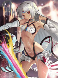 Rule 34 | 1girl, absurdres, altera (fate), armpits, bad id, bad pixiv id, bare shoulders, breasts, choker, dark-skinned female, dark skin, detached sleeves, fate/grand order, fate (series), full-body tattoo, headdress, highres, holding, holding sword, holding weapon, legs, looking at viewer, midriff, navel, nekobell, outdoors, photon ray (fate), red eyes, revealing clothes, short hair, small breasts, solo, standing, sword, tan, tattoo, thighs, veil, weapon, white hair