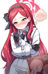 Rule 34 | 1girl, absurdres, black gloves, black hairband, blue archive, blush, closed mouth, cropped jacket, dress, fur-trimmed sleeves, fur trim, gloves, grey dress, hairband, halo, highres, jacket, long hair, manga (object), red hair, red halo, simple background, solo, takane (blue archive), thought bubble, white background, white jacket, yellow eyes, yeogpu (seung832222)