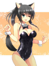 Rule 34 | 1girl, animal ears, bad id, bad pixiv id, black hair, bow, bowtie, breasts, cleavage, collar, detached collar, dog ears, dog tail, fishnet pantyhose, fishnets, green eyes, large breasts, leotard, long hair, maguro (gulen-x), one eye closed, original, pantyhose, playboy bunny, ponytail, solo, tail, tsukiriran, unmoving pattern, wink, wrist cuffs