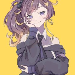 Rule 34 | 1girl, anya melfissa, brown hair, futomoy, hand on own cheek, hand on own face, highres, hololive, hololive indonesia, long hair, multicolored hair, necktie, official alternate costume, purple eyes, side ponytail, smile, streaked hair, virtual youtuber, yellow background, yellow nails