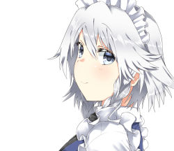 Rule 34 | 1girl, blue eyes, braid, commentary request, frills, hair between eyes, highres, izayoi sakuya, kz oji, looking at viewer, maid headdress, short hair, silver hair, simple background, smile, solo, touhou, twin braids, upper body, white background