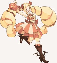 Rule 34 | 1girl, :d, arm up, armpits, bare arms, bare shoulders, bike shorts, black footwear, blonde hair, boots, bow, commentary, elise (fire emblem), english commentary, fire emblem, fire emblem fates, fire emblem heroes, full body, hair bow, halloween bucket, high heel boots, high heels, knee boots, long hair, looking at viewer, nintendo, open mouth, red eyes, rtil, simple background, smile, solo, striped bike shorts, striped clothes, thighhighs, twintails, very long hair, white background, winged footwear