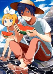 Rule 34 | 1boy, 1girl, barefoot, beach, blonde hair, blue eyes, blue hair, bow, cloud, day, eating, food, fruit, hair ornament, hairclip, hat, holding, holding food, holding fruit, kagamine rin, kaito (vocaloid), looking at viewer, nokuhashi, outdoors, pants, pants rolled up, partially submerged, rock, shirt, short hair, sitting, sky, summer, sun hat, track pants, vocaloid, water, watermelon