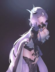 Rule 34 | 1girl, absurdres, backlighting, black gloves, black shorts, black thighhighs, blue eyes, boots, breast hold, breasts, cleavage, closed mouth, clothing request, commentary, elysia (honkai impact), elysia (miss pink elf) (honkai impact), forehead, gloves, glowing, highres, honkai (series), honkai impact 3rd, leaning forward, leotard, light particles, long hair, long sleeves, medium breasts, parted bangs, pink hair, pointy ears, shorts, shrug (clothing), simple background, single glove, smile, solo, swept bangs, thigh boots, thighhighs, thighs, very long hair, white leotard, yuuka1127t