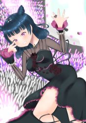 Rule 34 | 1girl, absurdres, artist name, artist request, bare legs, black dress, black nails, black skirt, blue hair, blush, butterfly wings, caffeine2133, collared dress, double bun, dress, earrings, female focus, flower earrings, frilled dress, frills, guilty kiss (love live!), hair bun, hair ribbon, highres, insect wings, jewelry, kafein (caffeine2133), long hair, looking at viewer, love live!, love live! sunshine!!, nail polish, nails, necklace, new romantic sailors, outstretched arms, parted lips, purple eyes, red skirt, ribbon, skirt, smile, solo, sparkle print, striped clothes, striped dress, tiara, tsushima yoshiko, v over eye, wings