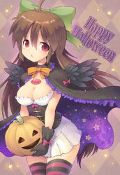 Rule 34 | 1girl, ahoge, alternate costume, black gloves, bow, breasts, brown hair, cape, cleavage, commentary request, corset, gloves, hair bow, halloween, happy halloween, holding, jack-o&#039;-lantern, kurogarasu, large breasts, long hair, looking at viewer, pumpkin, red eyes, reiuji utsuho, solo, striped clothes, striped thighhighs, thighhighs, touhou
