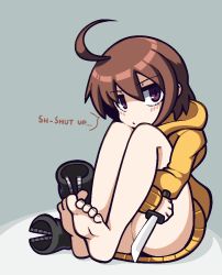 Rule 34 | 1girl, ahoge, ass, average-hanzo, barefoot, boots, unworn boots, bottomless, brown hair, commentary, english commentary, english text, feet, holding, holding knife, hugging own legs, jaggy lines, knife, linne, pout, purple eyes, reverse grip, shoes, unworn shoes, short hair, simple background, sitting, slit pupils, soles, solo, sweater, under night in-birth