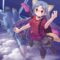 Rule 34 | 1girl, ace combat, aircraft, airplane, animal ears, blush stickers, cloud, f-15, f-15 eagle, fighter jet, fox ears, fox tail, guitar, idolmaster, idolmaster (classic), instrument, jet, kisaragi chihaya, long hair, military, military vehicle, mtr, no nose, plectrum, punkish gothic, sky, solo, tail