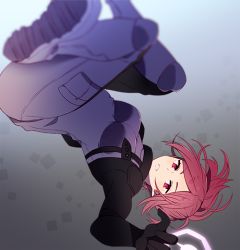 Rule 34 | 1girl, aicedrop, blurry, bodysuit, boots, breasts, depth of field, floating, grey background, hologram, long sleeves, looking at viewer, midair, outstretched arm, pocket, ponytail, purple bodysuit, red eyes, red hair, shoe soles, solo, square, turtleneck, uniform, upside-down, wen saw, world trigger
