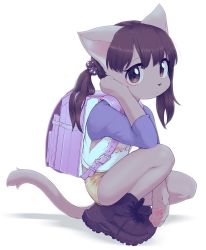 Rule 34 | 1girl, 3yo4yo5yo, animal ears, backpack, bag, black footwear, cat ears, cat tail, child, female focus, furry, furry female, hair bobbles, hair ornament, highres, looking at viewer, original, pawpads, randoseru, shoes, short shorts, shorts, simple background, solo, squatting, tail, twintails, white background