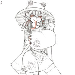Rule 34 | 1girl, alternate breast size, breasts, female focus, hat, huge breasts, image sample, limited palette, monochrome, moriya suwako, naughty face, red eyes, solo, spot color, thighhighs, tongue, toriga naku, touhou, white background