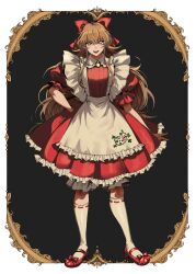 Rule 34 | 1girl, absurdres, apron, black background, border, bow, brooch, brown hair, crossed bangs, dress, elise liedl, footwear bow, frilled apron, frilled dress, frilled sleeves, frills, full body, glint, hair bow, hand on own hip, highres, inset border, jewelry, kneehighs, little goody two shoes, long hair, looking at viewer, mary janes, open mouth, ornate border, puffy short sleeves, puffy sleeves, red dress, red footwear, shoes, short sleeves, sidelocks, simple background, smile, socks, solo, standing, waist apron, wefightasone 1, white apron, white socks, yellow eyes