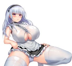 Rule 34 | 1girl, absurdres, anchor choker, apron, azur lane, black hairband, blunt bangs, blush, breasts, cameltoe, choker, cleavage, cleavage cutout, clothes lift, clothing cutout, collarbone, curvy, dido (azur lane), dress, floral print, frilled apron, frilled skirt, frills, hairband, highres, huge breasts, legs apart, long hair, looking at viewer, maid, maid apron, maid headdress, mua (mua pb), panties, pantyshot, parted lips, pink eyes, purple eyes, silver hair, skirt, skirt lift, sleeveless, solo, squatting, thick thighs, thighhighs, thighs, underboob, underwear, white hairband, white thighhighs