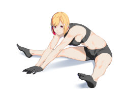 Rule 34 | 1girl, alvina (dyun), ankle socks, armpit peek, bad id, bad pixiv id, bare shoulders, black socks, black sports bra, blonde hair, breasts, crop top, dyun, earrings, exercising, from side, full body, hair ornament, hairclip, halterneck, highres, jewelry, large breasts, looking at viewer, midriff, mole, mole under eye, multicolored hair, navel, original, pink eyes, pink hair, short hair, short shorts, shorts, sideboob, sidelocks, simple background, sitting, skin tight, socks, solo, sports bra, spread legs, straight hair, stretching, swept bangs, thighs, two-tone hair, white background