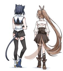 Rule 34 | 2girls, animal ears, asymmetrical legwear, bare shoulders, belt, black gloves, blouse, blue hair, boots, brown hair, cat ears, cat tail, clipe, crossed arms, dog ears, dog tail, feather hair ornament, feathers, from behind, gloves, hair ornament, hololive, hololive english, kemonomimi mode, long hair, multiple girls, nanashi mumei, ouro kronii, ponytail, shirt, short hair, skirt, tail, tail wagging, thighhighs, uneven legwear, virtual youtuber