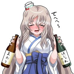 Rule 34 | 1girl, :d, alternate costume, asakaze (kancolle), asakaze (kancolle) (cosplay), blush, bottle, commentary request, cosplay, curly hair, drunk, closed eyes, facing viewer, full-face blush, hakama, hakama skirt, headgear, holding, japanese clothes, kantai collection, looking at viewer, meiji schoolgirl uniform, miko, open mouth, pola (kancolle), sake bottle, silver hair, simple background, skirt, smile, solo, tk8d32, translated, white background, wine bottle