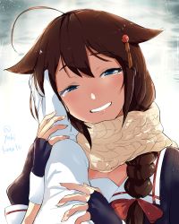 Rule 34 | 10s, 1boy, 1girl, admiral (kancolle), ahoge, blue eyes, braid, brown hair, fingerless gloves, gloves, hair flaps, hair ornament, hair over shoulder, hand on another&#039;s face, kantai collection, long hair, looking at viewer, narrowed eyes, pov, pov hands, remodel (kantai collection), scarf, school uniform, serafuku, shigure (kancolle), single braid, smile, tears, white gloves, yakitomato