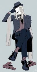 Rule 34 | 1boy, absurdres, adam&#039;s apple, aqua background, between fingers, black coat, black footwear, black gloves, black hat, black necktie, black pants, blonde hair, blue eyes, brown socks, brown vest, camus (uta no prince-sama), cigarette, coat, collared shirt, cross-laced footwear, crossed legs, facing to the side, fedora, formal, full body, gloves, grey shirt, gun, hand to own mouth, handgun, hat, head rest, highres, holding, holding cigarette, invisible chair, lapels, long hair, long sleeves, looking at viewer, luonnem, male focus, necktie, notched lapels, official alternate costume, pants, parted lips, profile, shirt, shoes, sideways glance, simple background, sitting, socks, solo, stole, striped clothes, striped socks, striped vest, uta no prince-sama, uta no prince-sama: shining live, vertical-striped clothes, vertical-striped vest, vest, weapon