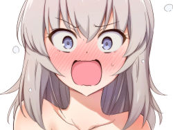 Rule 34 | 1girl, bare shoulders, blue eyes, blush, commentary, embarrassed, frown, girls und panzer, itsumi erika, looking at viewer, medium hair, nagomiya (shousha), open mouth, portrait, silver hair, simple background, solo, sweatdrop, white background