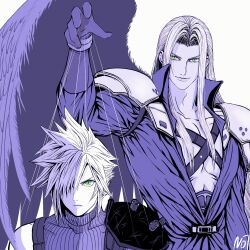 Rule 34 | 2boys, armor, chest strap, closed mouth, cloud strife, feathered wings, final fantasy, final fantasy vii, final fantasy vii remake, furrowed brow, gloves, green eyes, hair over one eye, hand up, highres, jacket, long bangs, long hair, long sleeves, male focus, multiple boys, parted bangs, puppet strings, sephiroth, sephirothcopy7, short hair, shoulder armor, single bare shoulder, single shoulder pad, single wing, sleeveless, sleeveless turtleneck, slit pupils, smile, spiked hair, spot color, suspenders, turtleneck, upper body, white background, wings