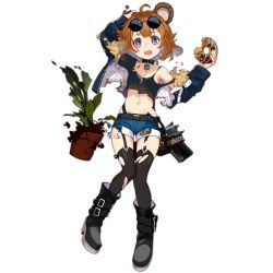 Rule 34 | 1girl, aged down, ahoge, animal ears, bear ears, bear girl, belt boots, black footwear, black thighhighs, boots, breasts, brown hair, copyright name, cropped jacket, damaged, denim, denim shorts, doughnut, eyewear on head, food, full body, garter straps, girls&#039; frontline, grizzly mkv (girls&#039; frontline), grizzly mkv (teddy transform!) (girls&#039; frontline), gun, handgun, holding, holding food, holster, jacket, l.a.r. manufacturing, lar grizzly win mag, navel, official alternate costume, official art, open clothes, open jacket, open mouth, pistol, plant, potted plant, purple eyes, realmbw, shadow, short hair, short shorts, shorts, small breasts, solo, standing, strap slip, sunglasses, sunglasses on head, tank top, thighhighs, torn clothes, torn thighhighs, transparent background, wavy mouth, weapon