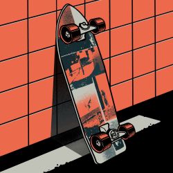 Rule 34 | highres, limited palette, minillustration, monochrome, no humans, original, red theme, shadow, skateboard, tile wall, tiles, wheel