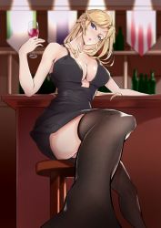 Rule 34 | 1girl, bad id, bad pixiv id, bar (place), bare shoulders, black dress, black thighhighs, blonde hair, blue eyes, blush, braid, breasts, cleavage, collarbone, cup, dress, dress straps, drinking glass, feet, holding with feet, foot up, foot worship, french braid, holding, holding cup, long hair, looking at viewer, medium breasts, original, simple background, sitting, solo, thighhighs, thighs, wine glass, wolfnathan