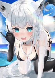 Rule 34 | 1girl, ahoge, all fours, animal ear fluff, animal ears, asymmetrical gloves, asymmetrical legwear, bikini, black bikini, black gloves, black thighhighs, blush, braid, breasts, cleavage, cloud, cloudy sky, collar, commentary request, day, earrings, elbow gloves, fox ears, fox girl, fox shadow puppet, fox tail, gloves, green eyes, hair between eyes, highres, hololive, jewelry, long hair, looking at viewer, medium breasts, mismatched gloves, mismatched legwear, neckerchief, ocean, open mouth, outdoors, pentagram, shirakami fubuki, side-tie bikini bottom, sidelocks, single braid, sky, smile, solo, swimsuit, tail, thighhighs, tojo aoi, virtual youtuber, wet, wet clothes, white gloves, white hair, white neckerchief, white thighhighs