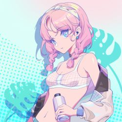Rule 34 | 1girl, arknights, blue background, blue eyes, blue poison (arknights), blue poison (shoal beat) (arknights), bottle, braid, breasts, bright pupils, cleavage, closed mouth, collarbone, commentary, dotted background, earrings, gradient background, hairband, highres, holding, holding bottle, jacket, jewelry, juhuacha, long sleeves, looking at viewer, navel, off shoulder, official alternate costume, open clothes, open jacket, pink background, pink hair, pink sports bra, small breasts, solo, sports bra, twin braids, upper body, water gun, white hairband, white jacket, white pupils