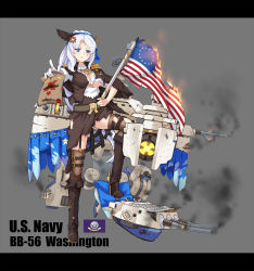 Rule 34 | 1girl, american flag, anger vein, breasts, burning, character name, epaulettes, fire, flag, full body, garter straps, glowing, grey background, gun, highres, large breasts, letterboxed, military, military uniform, military vehicle, official art, personification, ship, simple background, sirills, smile, smoke, solo, star (symbol), torn clothes, turret, underboob, uniform, united states, uss washington (bb-56), warship, warship girls r, washington (warship girls r), watercraft, weapon
