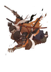 Rule 34 | absurdres, arm around neck, bandages, barefoot, black hair, brown kimono, coat, commentary request, fire, full body, gloves, highres, holding, holding weapon, japanese clothes, katana, kimono, kuro the divine heir, looking at another, male focus, multiple boys, orange coat, ponytail, prosthesis, prosthetic arm, red eyes, sandals, sash, scar, scar across eye, scar on face, scarf, sekiro, sekiro: shadows die twice, sheath, sheathed, short hair, short sleeves, simple background, sword, topknot, torn clothes, torn coat, vetania, weapon, weapon on back, white background, white kimono, wide sleeves, yaoi