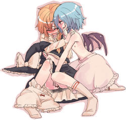 Rule 34 | 2girls, bat wings, black hat, bloomers, blue hair, blush, bow, closed eyes, commentary request, fingering, flat chest, hat, hat bow, kirisame marisa, long sleeves, looking at another, lowres, multiple girls, no headwear, open mouth, pussy juice, remilia scarlet, short hair, smile, topless, touhou, underwear, unworn bloomers, unworn hat, unworn headwear, unworn underwear, white background, white bow, wings, witch hat, yunuki uta, yuri