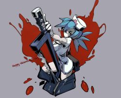 1girl 770mk belt_pouch blood blood_splatter blue_hair body_bag bonesaw breasts cleavage eyepatch grey_background hair_over_one_eye hat highres large_breasts nurse_cap ponytail pouch red_eyes saw skullgirls solo valentine valentine_(skullgirls)