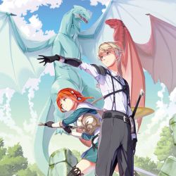 Rule 34 | 1boy, 1girl, absurdres, armor, blue sky, bracer, braid, breastplate, breasts, cape, character request, cleavage, closed mouth, cloud, crown braid, day, dragon, fantasy, fighting stance, forest, green eyes, highres, himesuzu, holding, holding sword, holding weapon, kochugunshikan bokensha ni naru, looking away, monster, nature, novel illustration, official art, outdoors, over-kneehighs, red hair, ruins, scabbard, serious, sheath, sidelocks, sky, sword, thighhighs, two-handed, unsheathed, weapon, wyvern