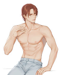 Rule 34 | 1boy, abs, absurdres, blue eyes, brown hair, collarbone, denim, hand up, highres, iceblock (ilhgns), jeans, lips, looking away, male focus, navel, nipples, nose, original, pants, parted bangs, parted lips, pectorals, short hair, simple background, sitting, solo, sweat, topless male