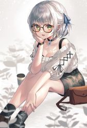 Rule 34 | 1girl, ankle socks, black choker, black skirt, black socks, blue ribbon, braid, breasts, brown bag, brown footwear, choker, cleavage, cross-laced clothes, cross-laced sleeves, cup, dodota, glasses, green eyes, hair ribbon, hand on own chin, highres, hololive, large breasts, looking at viewer, off-shoulder sweater, off shoulder, open mouth, plaid, plaid skirt, ribbed sweater, ribbon, shirogane noel, shirogane noel (casual), shoes, short hair, silver hair, sitting, skirt, smile, socks, solo, sweater, virtual youtuber, white sweater