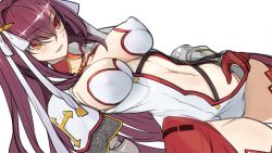 Rule 34 | 1girl, armor, breasts, brown eyes, center opening, chainmail, cleavage, clothes pull, cosplay, covered erect nipples, fate/grand order, fate (series), gauntlets, gloves, hair intakes, hair ribbon, large breasts, long hair, martha (fate), martha (fate) (cosplay), navel, pupps, purple hair, ribbon, scathach (fate), scathach (fate), simple background, solo, thighhighs, white background