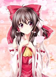Rule 34 | 1girl, antenna hair, ascot, bare shoulders, blush, bow, brown hair, detached sleeves, gohei, gradient background, hair bow, hair ribbon, hair tubes, hakurei reimu, highres, large bow, long hair, looking at viewer, own hands together, petals, red eyes, reimei (r758120518), ribbon, smile, solo, touhou
