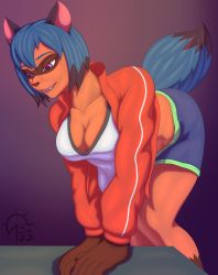 Rule 34 | 1girl, absurdres, animal ears, blue hair, brand new animal, breasts, claws, cleavage, full body, furry, furry female, highres, jacket, kagemori michiru, large breasts, multicolored eyes, multicolored hair, open clothes, open jacket, raccoon ears, raccoon girl, raccoon tail, red jacket, sacrificabominat, shirt, short hair, short shorts, shorts, solo, tail, tanuki, track jacket
