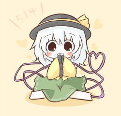 Rule 34 | 1girl, bad id, bad pixiv id, blush stickers, chibi, female focus, green eyes, hands in opposite sleeves, hat, heart, heart of string, komeiji koishi, open mouth, short hair, skirt, smile, solo, south114, touhou, white hair