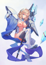 Rule 34 | 1girl, bigrbear, blonde hair, blue eyes, boots, breasts, closed mouth, crystal, drill hair, full body, gem, gloves, grey background, headgear, high heel boots, high heels, highres, holding, holding staff, invisible chair, large breasts, light smile, looking at viewer, machinery, nipples, original, simple background, sitting, smile, solo, staff, twin drills, white gloves, winged footwear