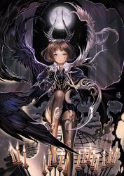 Rule 34 | blue eyes, brown hair, candle, highres, horns, moon, short hair, sindy, solo, star-shaped pupils, star (symbol), symbol-shaped pupils, thighhighs, wings