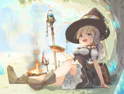Rule 34 | 1girl, arm support, blonde hair, blue eyes, blurry, blurry foreground, blush, boots, bracelet, campfire, choker, crescent, crescent hair ornament, crystal, dress, fantasy, female focus, fire, food, frilled dress, frills, grass, hair ornament, hat, highres, holding, holding food, hot dog, jewelry, leaning back, nep (nep 76), open mouth, original, outdoors, ponytail, puffy short sleeves, puffy sleeves, short sleeves, sitting, solo, staff, strapless, strapless dress, tree, wizard hat