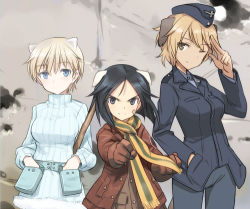 Rule 34 | &gt;:), 10s, 3girls, animal ears, blonde hair, blue eyes, blush, brave witches, breasts, gradient background, kanno naoe, looking at viewer, lowres, military, military uniform, multiple girls, nikka edvardine katajainen, one eye closed, pantyhose, pointing, pointing at viewer, shimada fumikane, short hair, smile, strike witches, sweater, tail, uniform, v-shaped eyebrows, waltrud krupinski, weasel ears, white legwear, world witches series